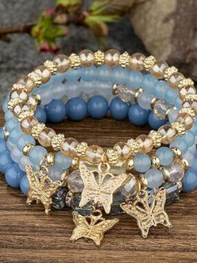4 Pcs Cute Butterfly Charm Bracelets Set Gold Beaded Stackable Stretch Bracelets